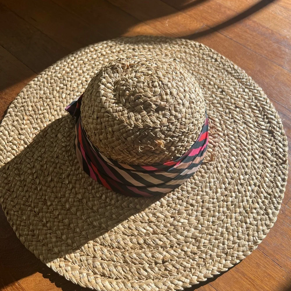 Sonia Rykiel straw hat with stripe bow *flaw* tan beige multicolor vintage y2k